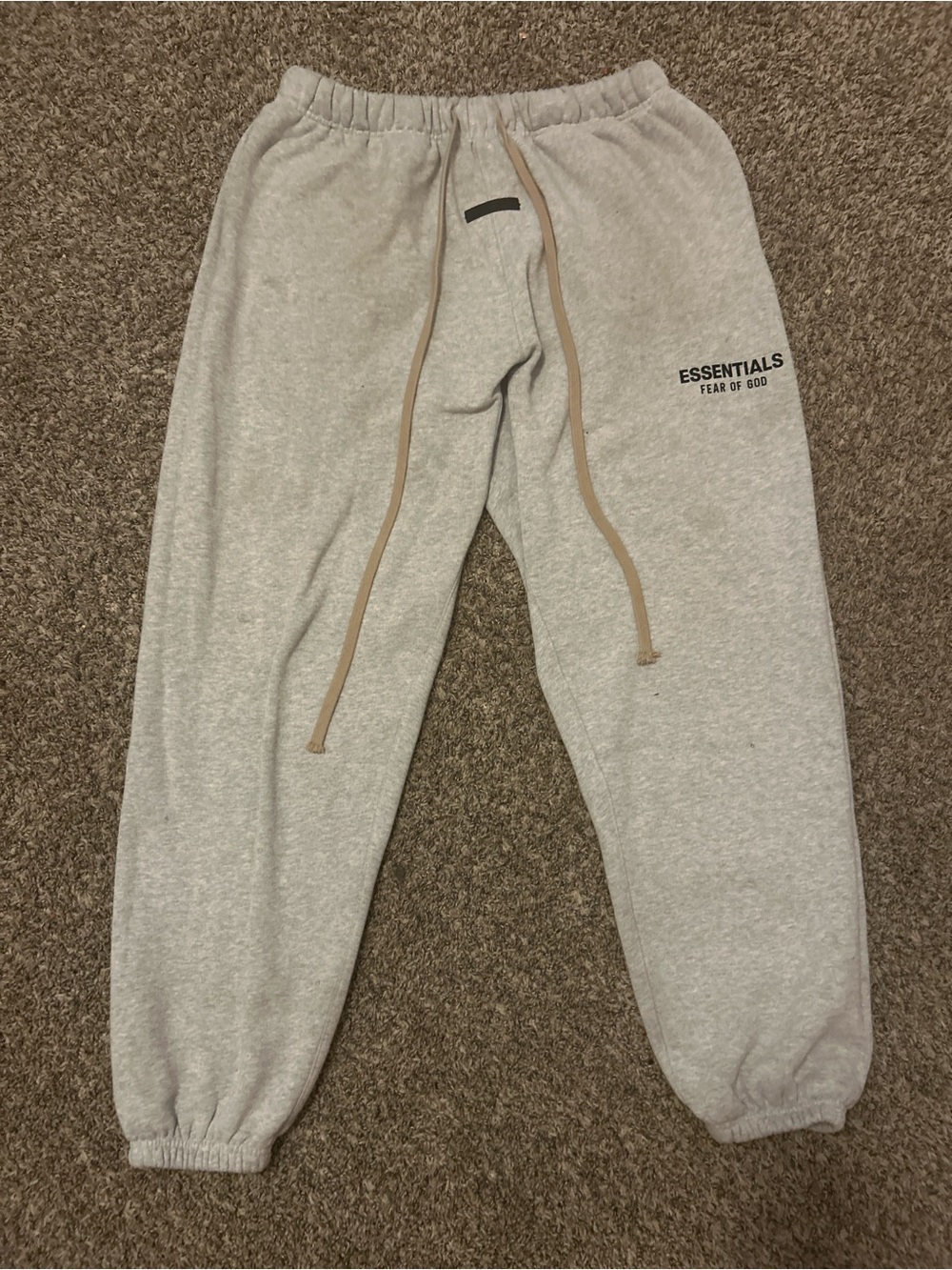 Fear of God ESSENTIALS Light Gray Sweatpants with Tan Drawstring